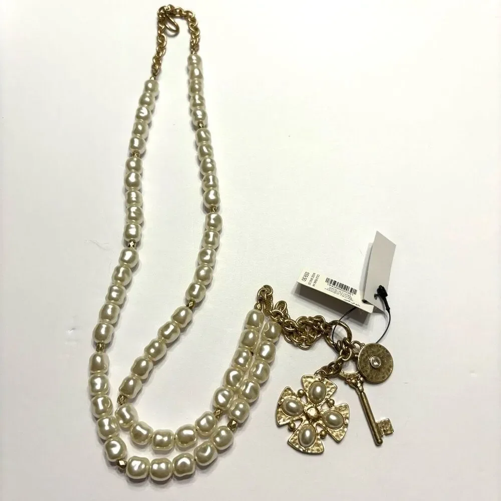 Chico’s Women’s Gold Tone Faux Pearl Maltese Cross Key Fashion Necklace